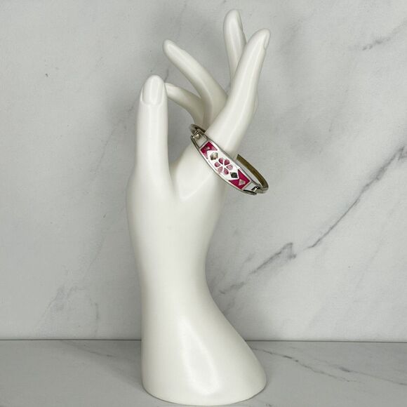 Vintage Silver Tone Abalone Shell Flower Inlay Hinge Child's Bangle ✨ - Picture 5 of 10